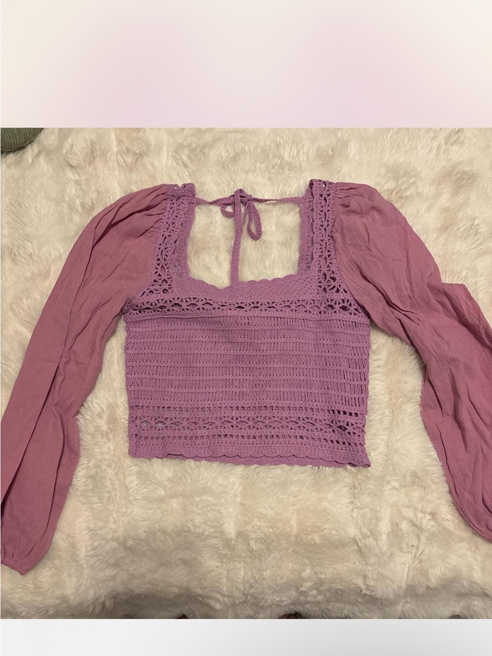 saltwater LUXE Lavender Crochet Puff-Sleeve Crop Top